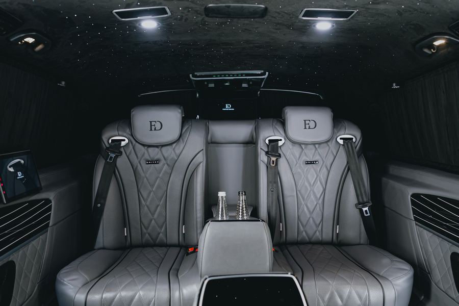 Rear cabin of the Mercedes-Benz V-Class with quilted leather seating and starlight headliner